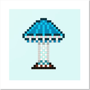 Pixie Parasol Mushroom Pixel Painting On Light Blue Background Posters and Art